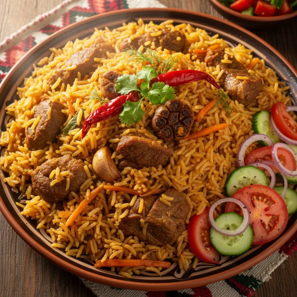 Traditional Turkmen pilaf with pieces of meat, roasted garlic, and fresh vegetable salad on a painted ceramic plate