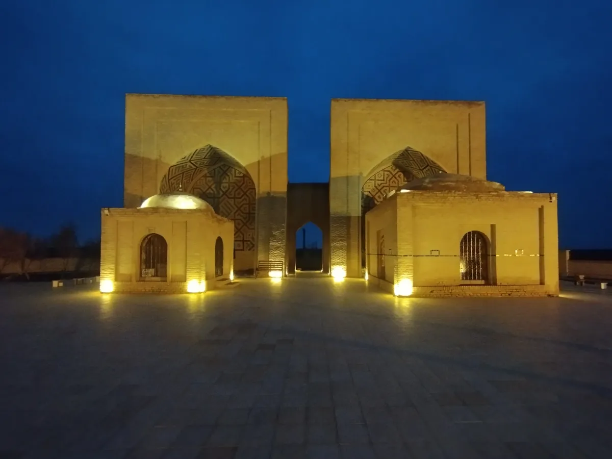 Complex of the Mausoleums of the Ashab of Prophet Muhammad in Mary with beautiful night architectural lighting of its portals and domes