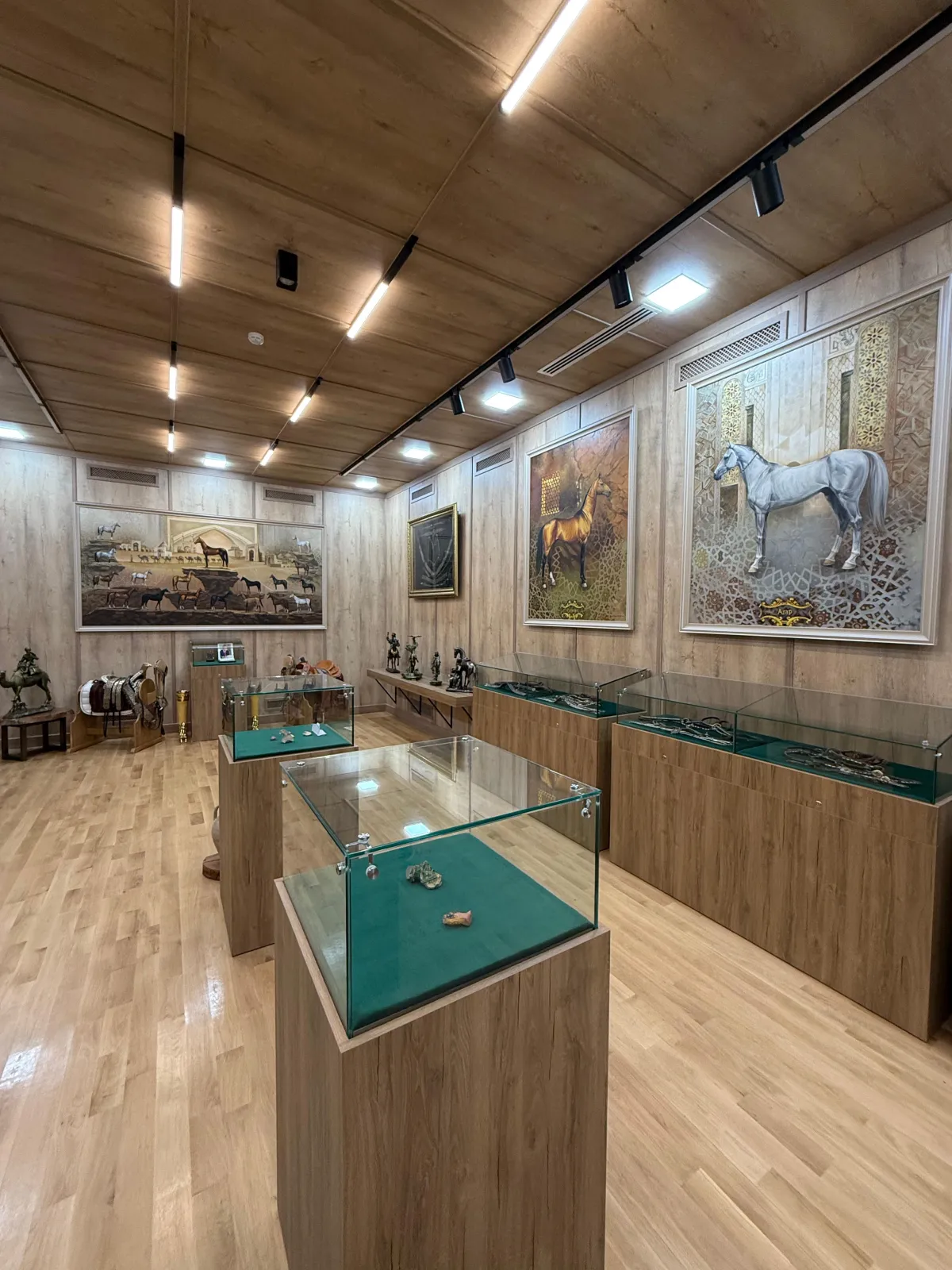 Exposition of the Akhal-Teke Horse Museum with paintings and traditional horse harness in Turkmenistan