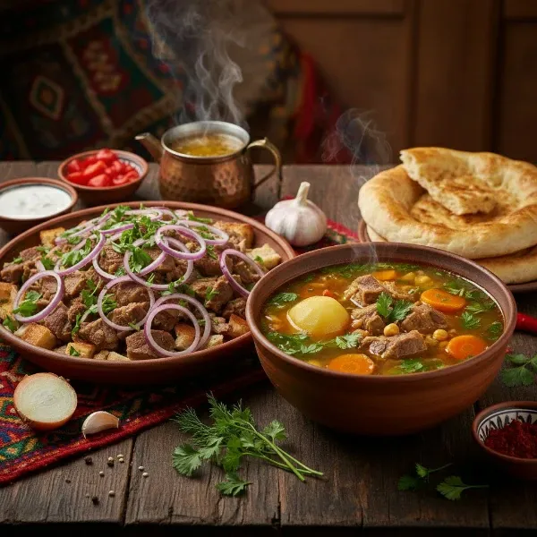 hot Turkmen shurpa in a clay bowl, a plate with meat and onions, and fresh churek flatbreads on a wooden table with a national pattern