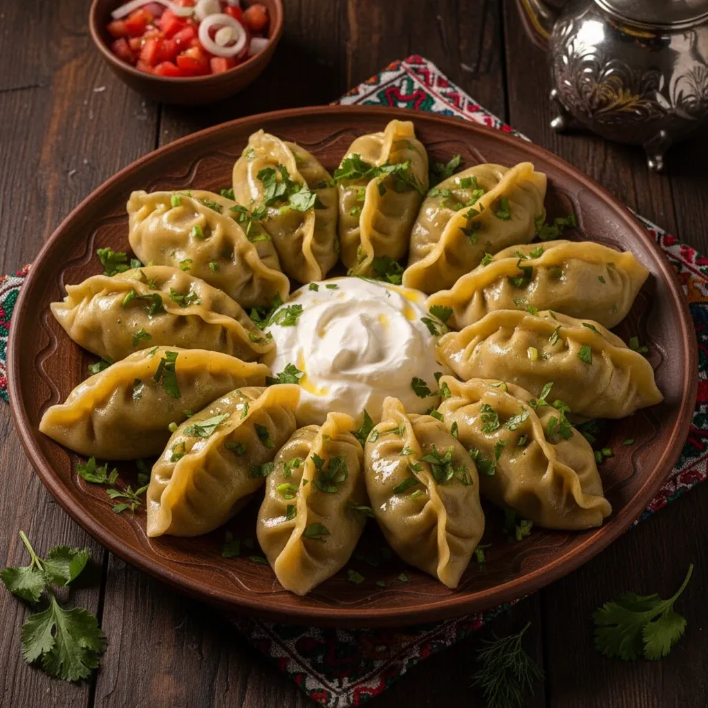 Traditional Turkmen manti with herbs and white sauce in the center on a round clay plate